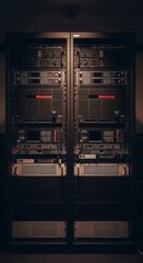 Data Center Infrastructure: Modern Server Racks Stored in a Dark, Professional Environment