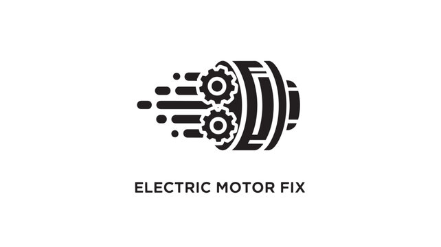 A black and white logo of an electric motor with gears, representing repair and fix services, on a clean white background.