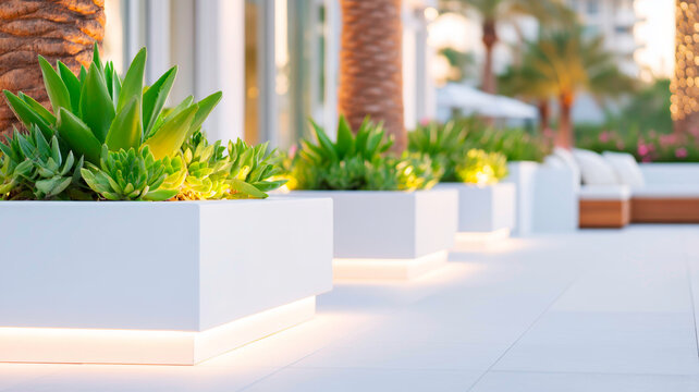 Modern Architectural Exterior Featuring Smooth White Concrete and Soft Decorative Ambient Lighting