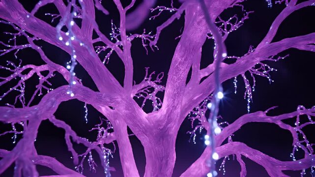 A network of luminescent purple branches adorned with tiny, dangling lights against a black backdrop
