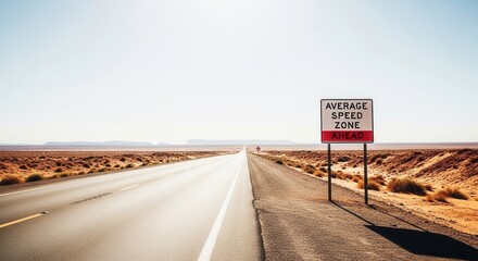Desert Road Journey With Sign: Average Speed Zone Ahead, Clear Sky, Long Road To Travel