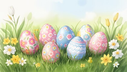Decorated easter eggs in the grass with spring flowers, watercolor Generative AI illustration
