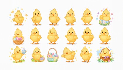 Vector set for easter celebration. Cute little chickens. Vector baby illustration. Chicks on a white background. Vector illustration
