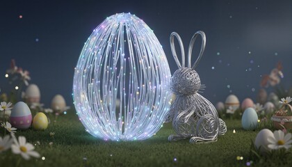 Creative Easter design template with an egg shaped fiber optic cable and a bunny shaped wire. 3D render illustration.
