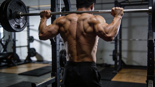 Muscular man performing barbell squats in a gym, showcasing strong back and arm muscles during weightlifting