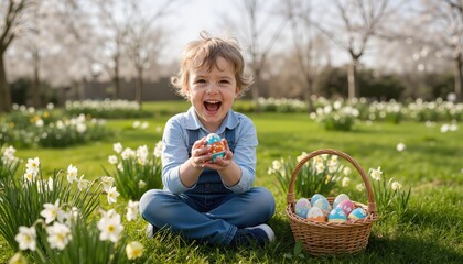 Happy child kid holding a easter egg in hands after picking it up in the garden
