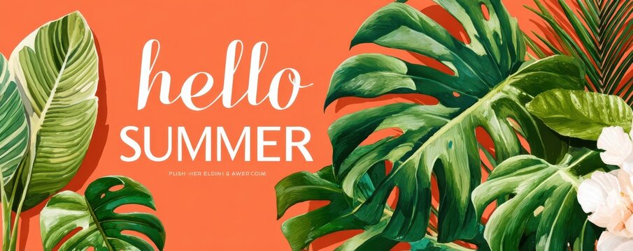 Hello summer tropical greeting with bold orange background and lush green monstera leaves
