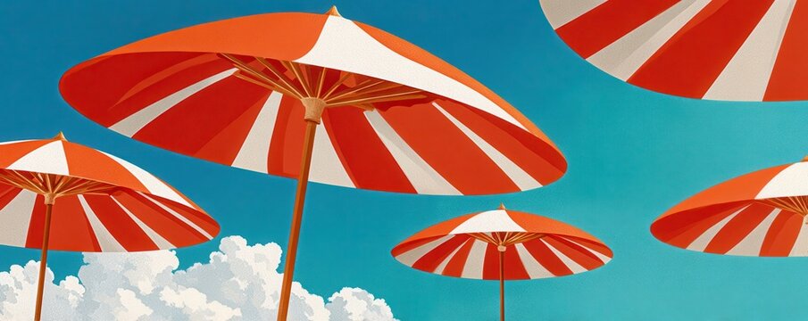 Red and white striped beach umbrellas against a bright blue summer sky with clouds
