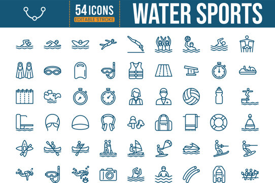 54 Water Sports Line Icons Set - Swimming, Diving, Surfing, Aquatic Activities Vector Collection
