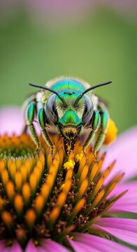 Sweat Bee Collecting Pollen from Purple Flower.