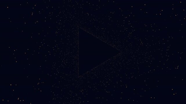 Abstract starfield particles forming play button icon on dark space background