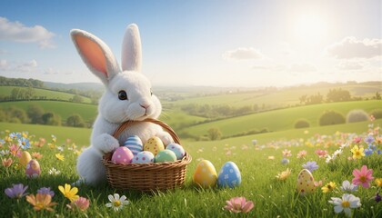 Easter bunny with easter eggs, pretty countryside, grass, flowers, sunshine background, generative ai illustration.
