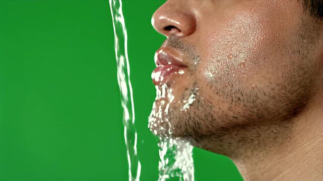 Close up side view of a man's lower face being rinsed with splashing water against a vibrant green screen background