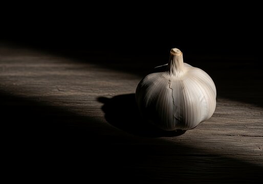 Close-up of a single raw organic garlic bulb resting on a textured dark wooden surface. Dramatic side lighting highlights the papery skin texture and rustic mood.