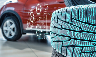Futuristic smart tire with a glowing holographic 'Protector' interface analyzing tread for advanced...