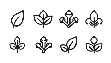 Collection of stylized leaf and plant icons in line art isolated on white