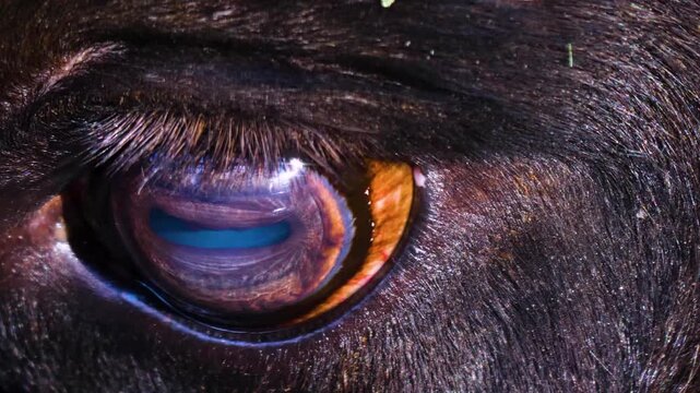 Close up of a european bison head and eye standing around a forest on a cloudy autumn day