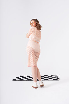 Modern fashion look in minimalist studio