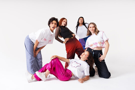 Fun and colorful fashion portrait of five women