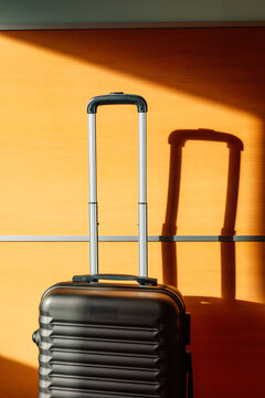 Interior view of a travel suitcase against a wooden wall
