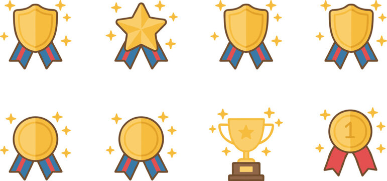 Minimalist award icon vector set featuring gold trophy medals and star shields with ribbons in clean black line art