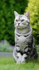 Obraz premium Majestic grey tabby cat in lush green garden setting