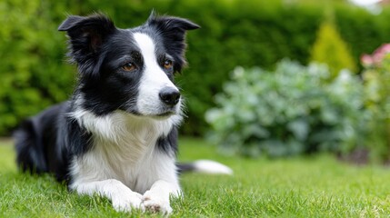Fototapeta premium Alert border collie dog relaxing on green grass in garden