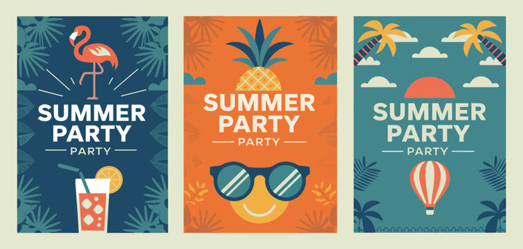 Retro Flat Summer Disco Party Poster Set &ndash; Vibrant Vector Illustration with Summer Attributes, 70s Inspired Music Event Flyers and Seasonal Celebration Design