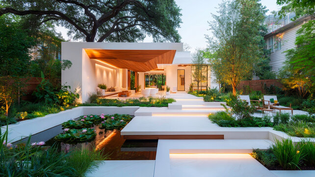 Modern Residential Patio Featuring Stained Concrete and Cantilevered Shade Lighting Structure