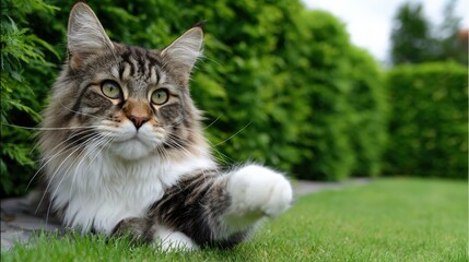 Majestic maine coon cat relaxing in lush green garden