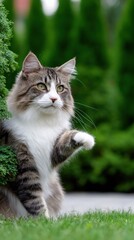 Fototapeta premium Playful norwegian forest cat in a lush green garden setting