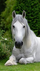 Obraz premium Majestic white horse resting in lush green garden
