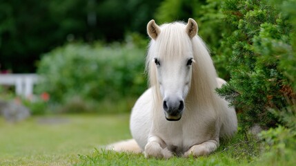 Obraz premium White pony resting on lush green grass in peaceful garden scene
