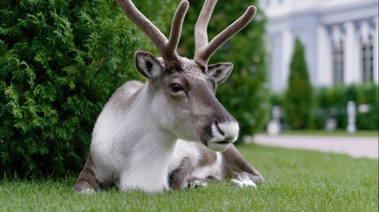 Siberian reindeer resting on lush green grass outdoors