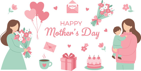 Minimalist Mother’s Day vector set featuring mother and child illustrations floral bouquets and heart balloons © Creative Stoker