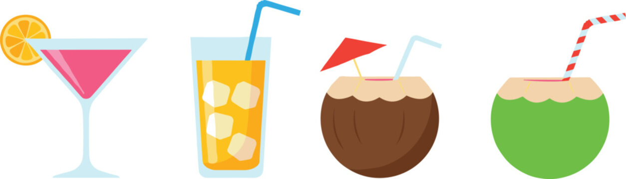 Minimalist summer cocktail vector set featuring pink martini iced orange juice and tropical coconut drinks in flat design