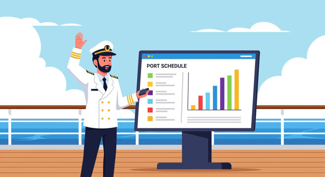Captain presenting port schedule and financial data on a screen.