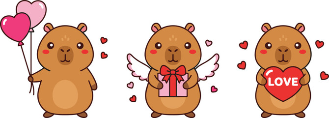 Naklejka premium Minimalist vector set featuring cute capybara mascots in romantic poses with heart balloons and gifts in clean line art