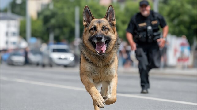 German shepherd running with police officer in urban setting