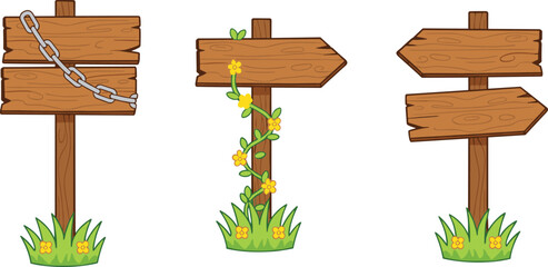 Rustic wooden signpost vector set with flowers and chains for outdoor wedding directional signs garden path markers and farm park information boards © Creative design