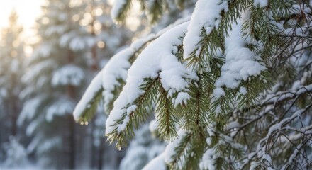 Snow-Covered Pine Tree Branches in Frozen Winter Forest, Concept for Seasonal Holiday Background, Winter Tourism, and Peaceful Nature Serenity