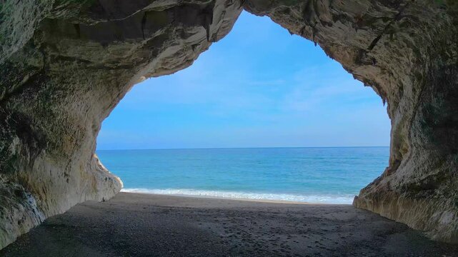 drone flight from the Cala Luna grotto in Sardinia towards the sea