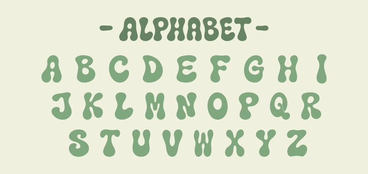 Decorative green alphabet set in retro organic bubble style on neutral background.