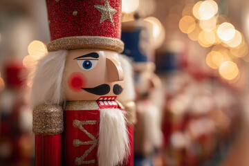 Traditional wooden soldier nutcracker figurine in red and gold with blurred festive lights creating warm holiday ambiance in the background