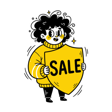 Cartoon Character Holding Sale Shield.