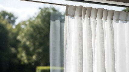White Curtains Drape Gracefully Beside a Window Overlooking Verdant Trees