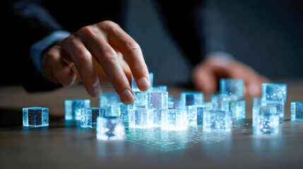 Naklejka premium Businessperson interacting with futuristic glowing digital cubes projected on table symbolizing advanced technology and data manipulation concepts in a dark setting