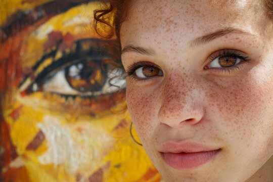Young woman with natural freckles and curly hair standing beside vibrant artistic mural featuring expressive colorful painted eyes in outdoor setting
