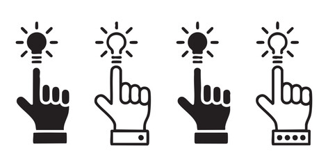 Innovation concept symbols showing hand pointing towards light bulb representing new business ideas