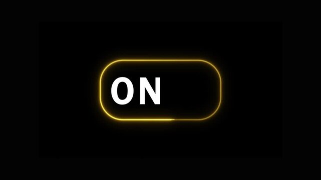 Glowing yellow neon 'ON' toggle switch animation with sliding yellow circle on a black background, activation, power control, user interface, or system status